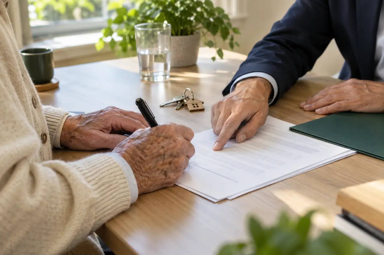 Illustrative scene: an older homeowner signing closing papers at a table across from a closing professional, faces not shown