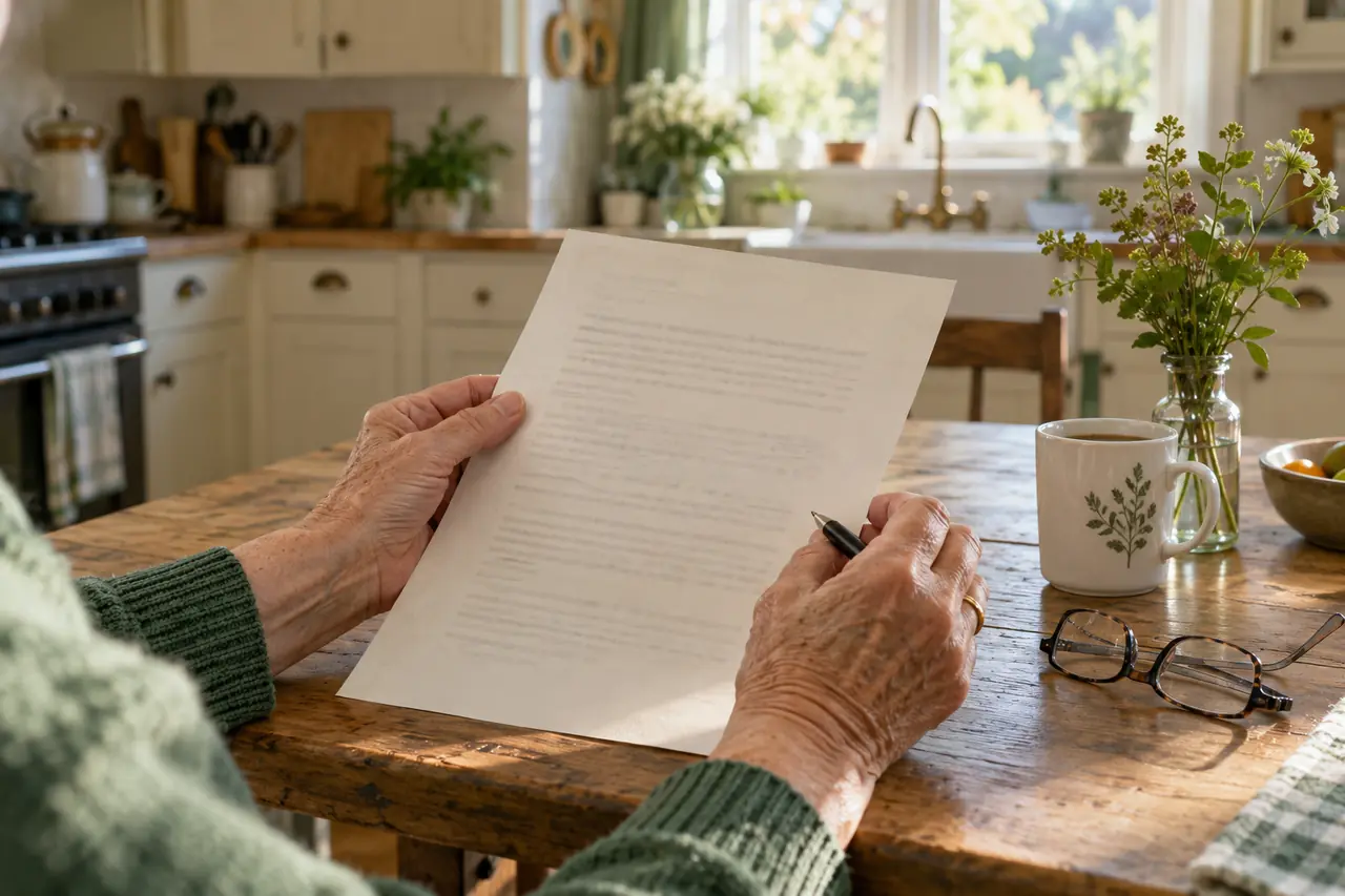 Illustrative scene: an older woman's hands holding a printed one-page offer at a kitchen table, with a pen, coffee and reading glasses
