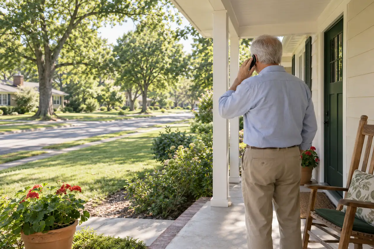 Illustrative scene: an older man on the front porch of a modest, well-kept home, talking on the phone