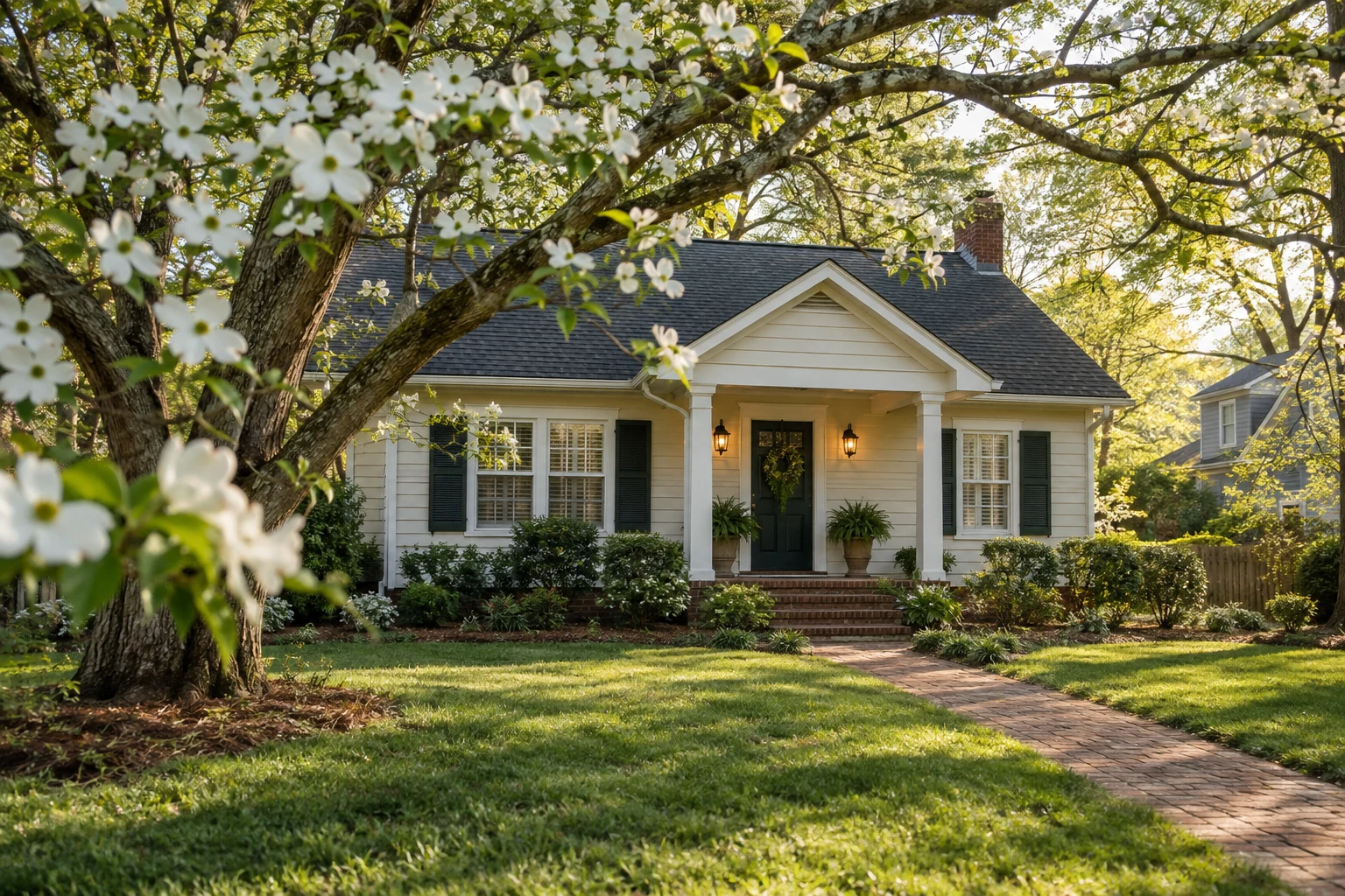 North Carolina style bungalow framed by spring dogwood blossoms.