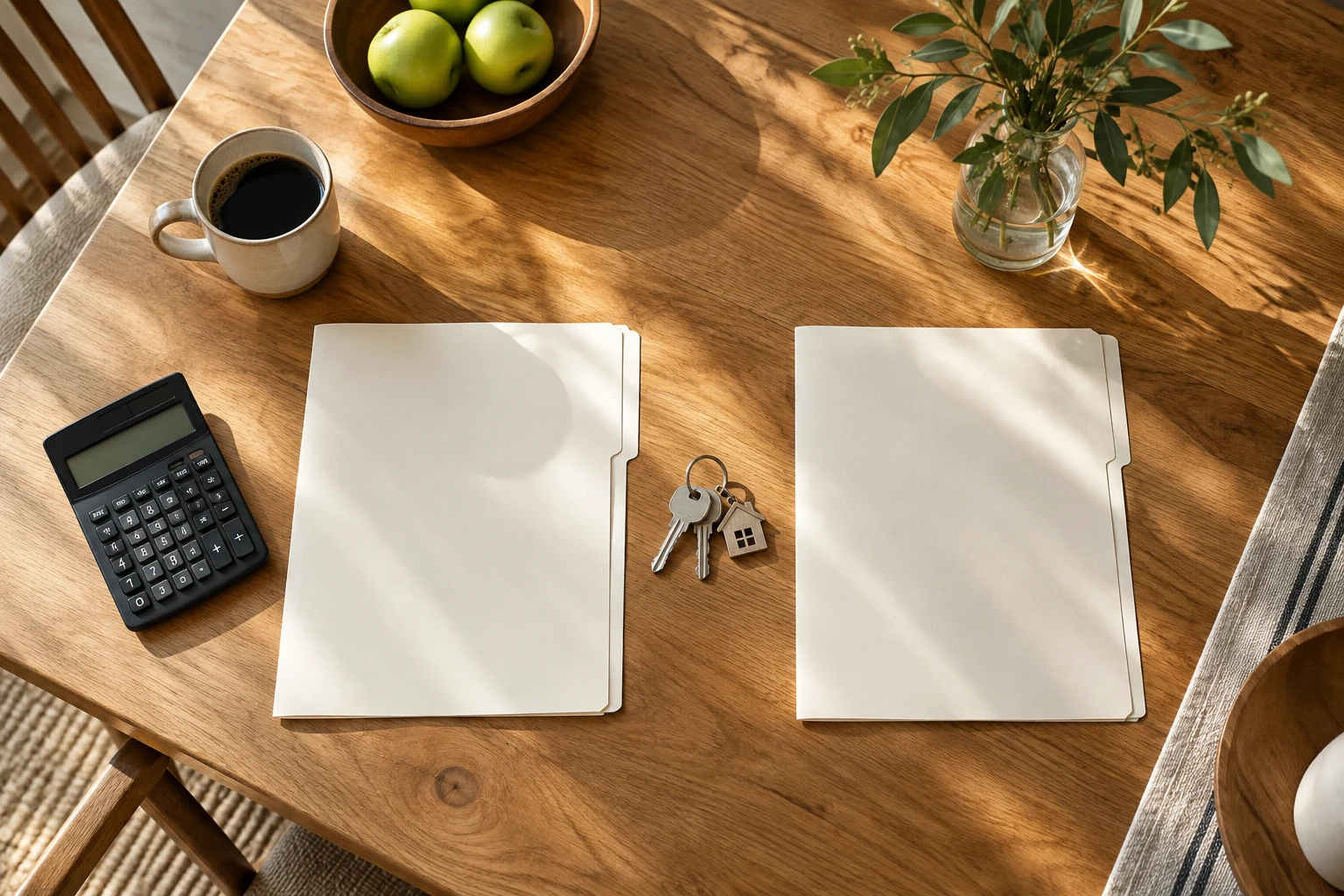 Two document folders, house keys, and a calculator on an oak table.