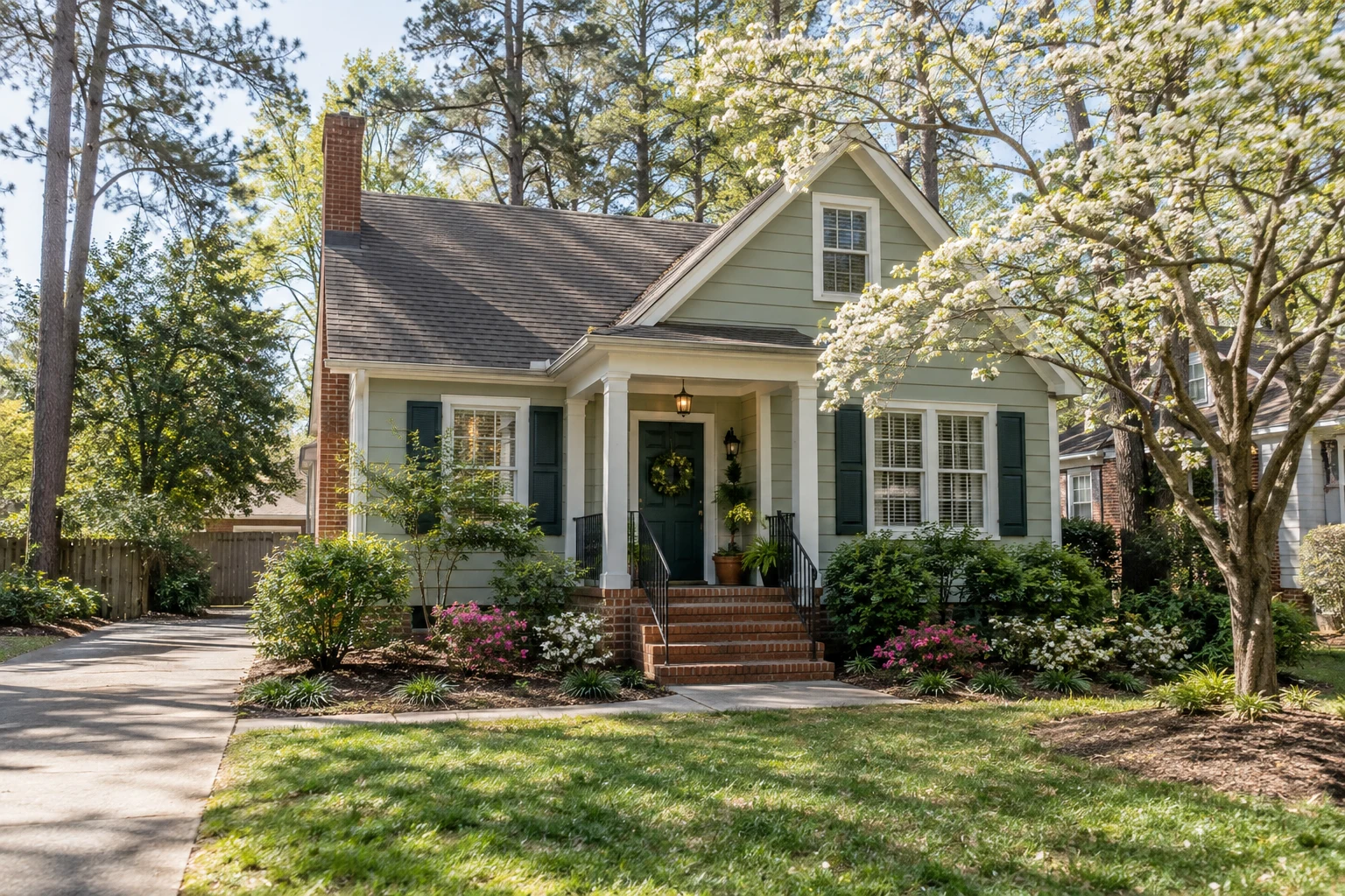 Sage cottage with brick steps, a dogwood tree, and tall pines.