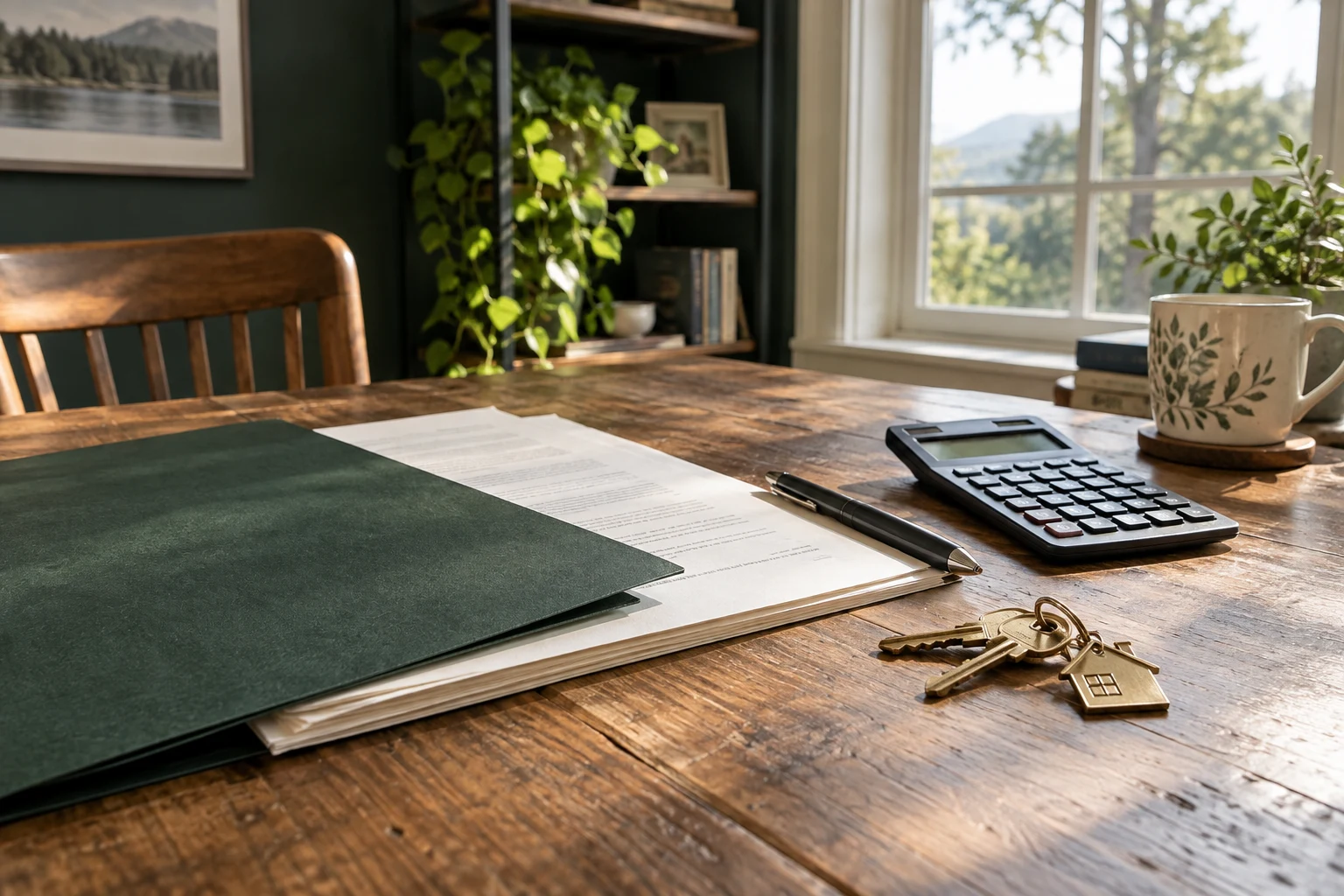Calculator, house keys, and closing paperwork on a wooden desk.