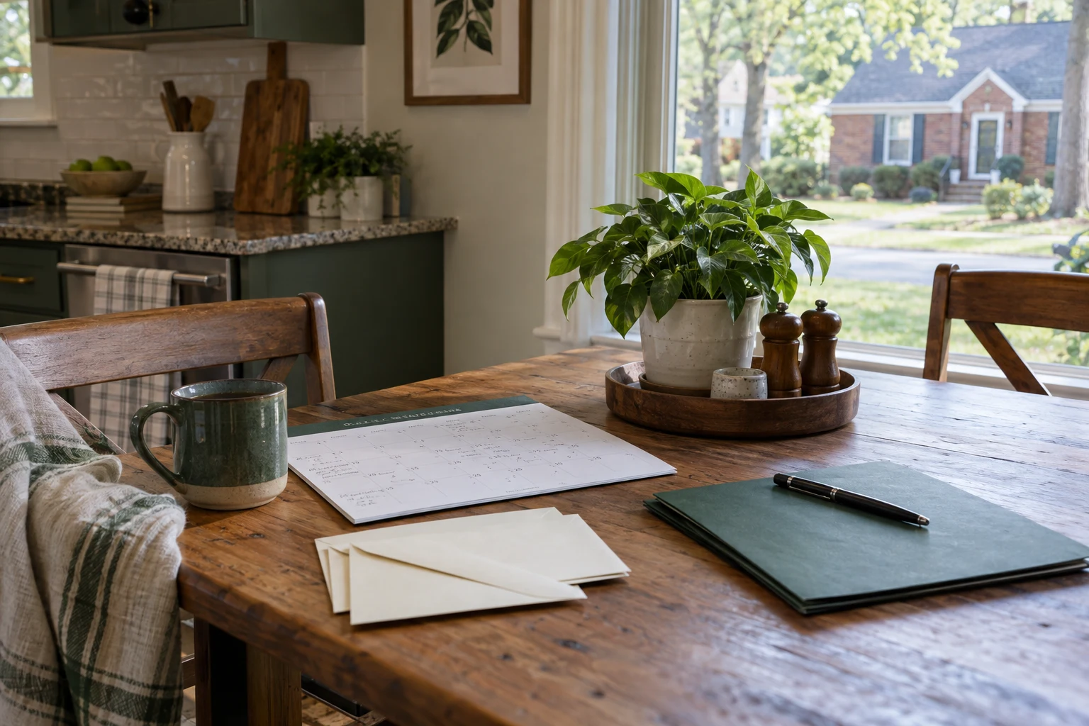 Calendar, envelopes, and a green folder on a kitchen table.