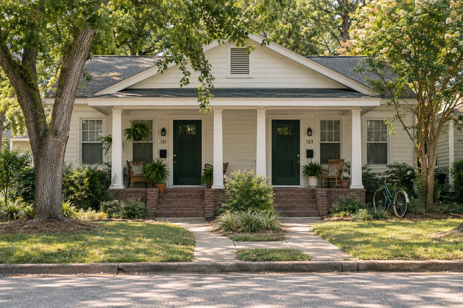 Lived-in duplex with two green front doors and porch plants.