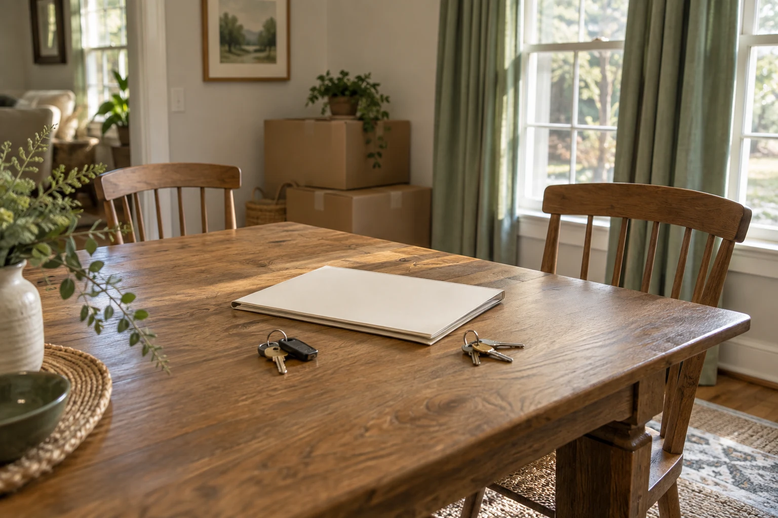 Two chairs and separate sets of keys in a dining room during a move.