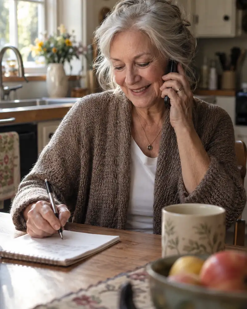 Illustrative scene: an older woman in her kitchen, writing a note while she talks on the phone.