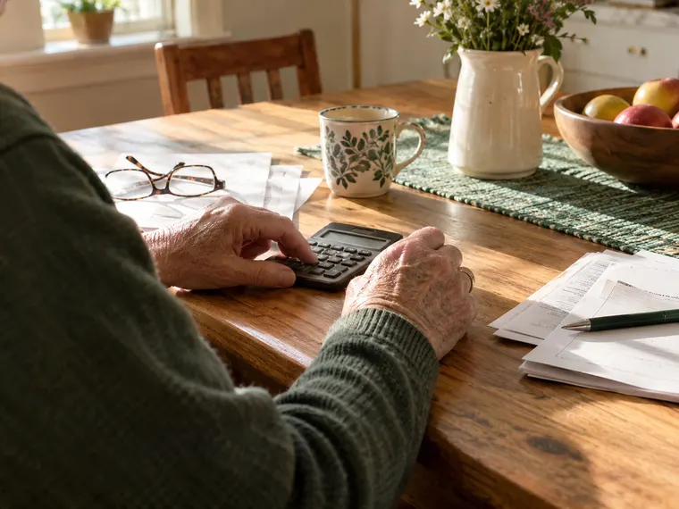 Illustrative scene: older hands with a calculator and printed papers on a kitchen table.