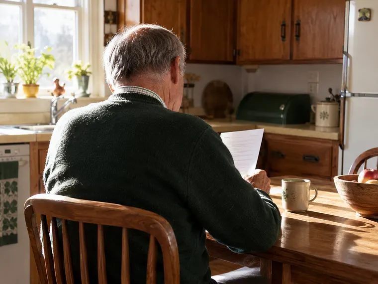 Illustrative scene: an older man at his kitchen table reading a one-page written offer.