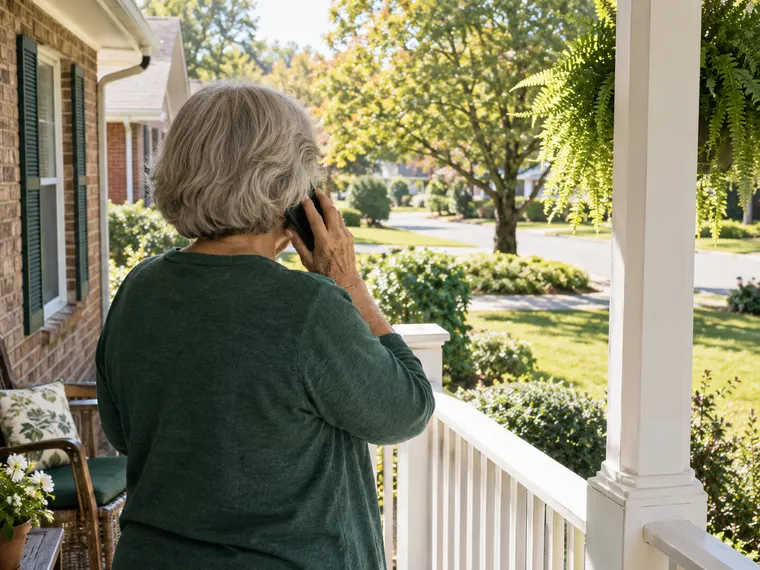 Illustrative scene: an older woman on the porch of her brick ranch house, talking on the phone.