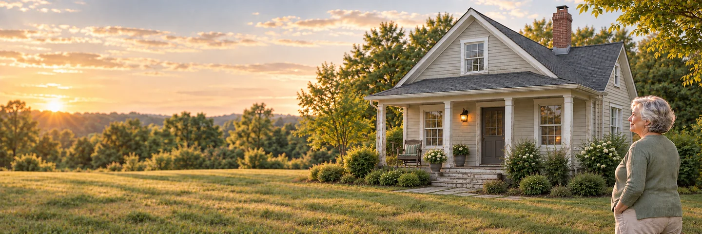 A homeowner standing in her front yard at sunrise, looking at her weathered gray bungalow and its covered porch