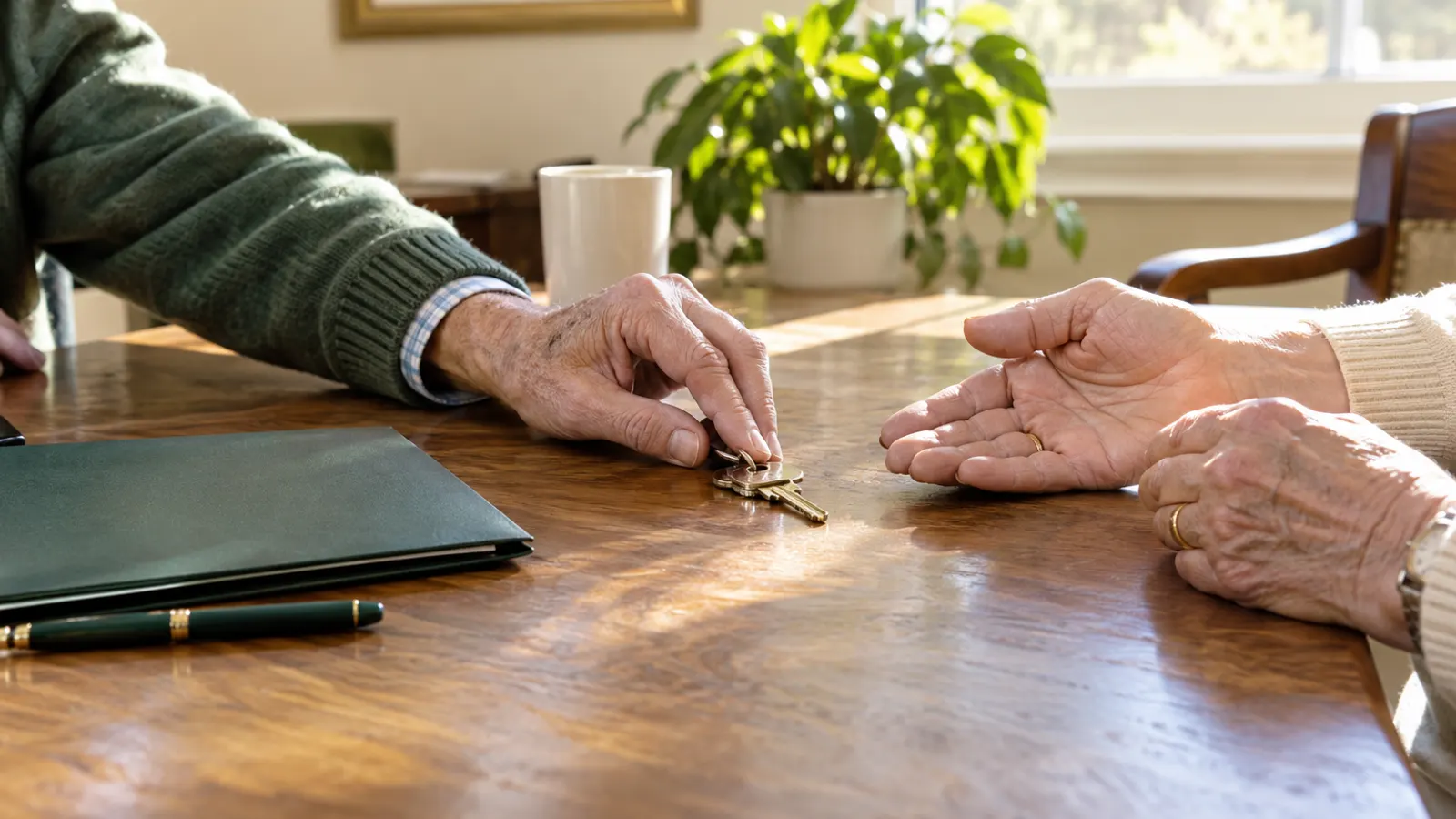 Illustrative scene: an older person's hands sliding a set of house keys across a wooden closing table toward another person's hands.