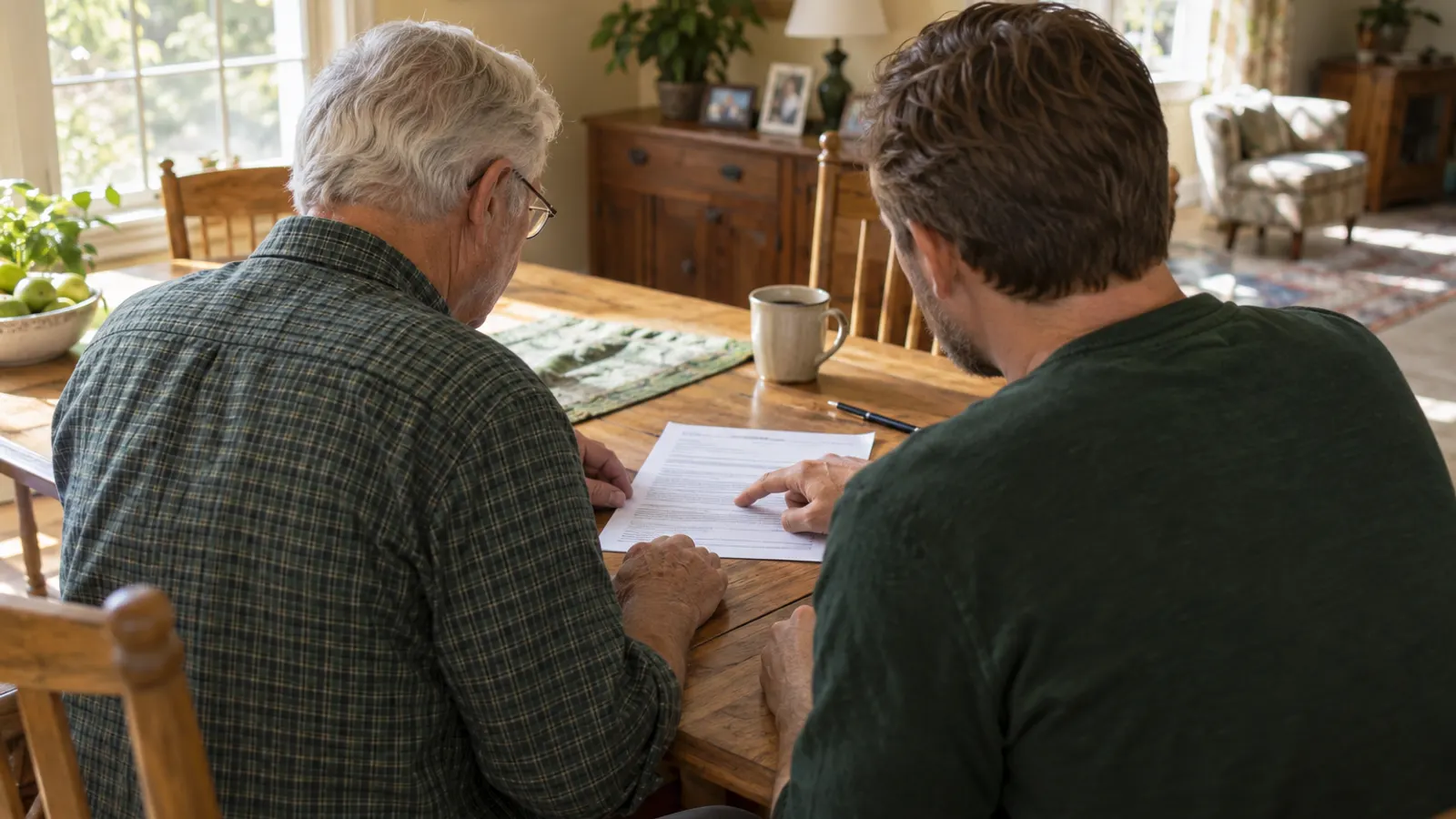 Illustrative scene: an older man and his grown son reading a printed contract together at a dining table.