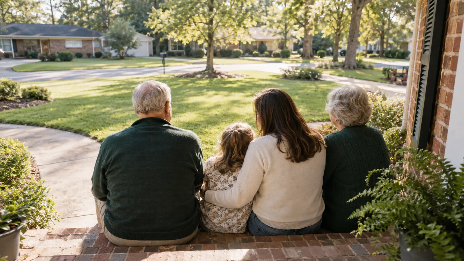 Illustrative scene: three generations of a family seen from behind, sitting together on the front steps of a modest brick ranch house.