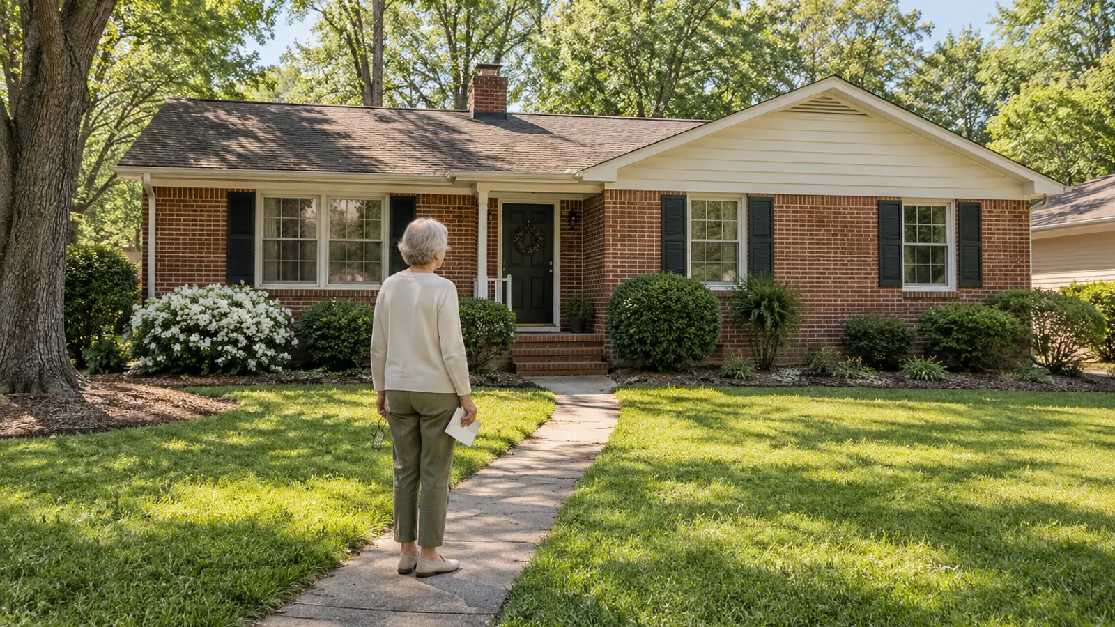 Illustrative scene: an older woman seen from behind on the front walk of a modest brick ranch house, holding reading glasses and a folded letter.