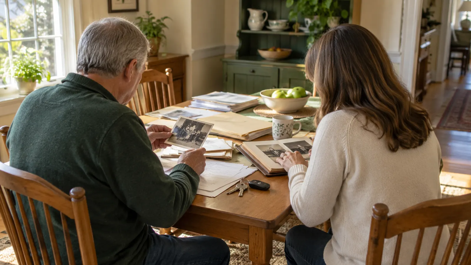Illustrative scene: a father and his adult daughter sorting family papers and photo albums at a kitchen table, house keys beside them.