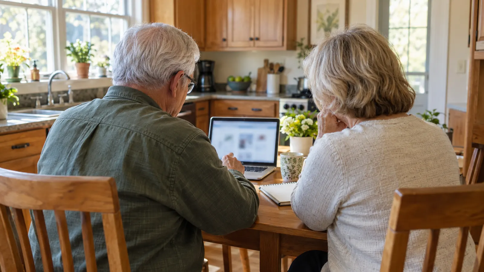 Illustrative scene: an older couple seen from behind at a sunny kitchen table looking together at a laptop, with a notepad and coffee.