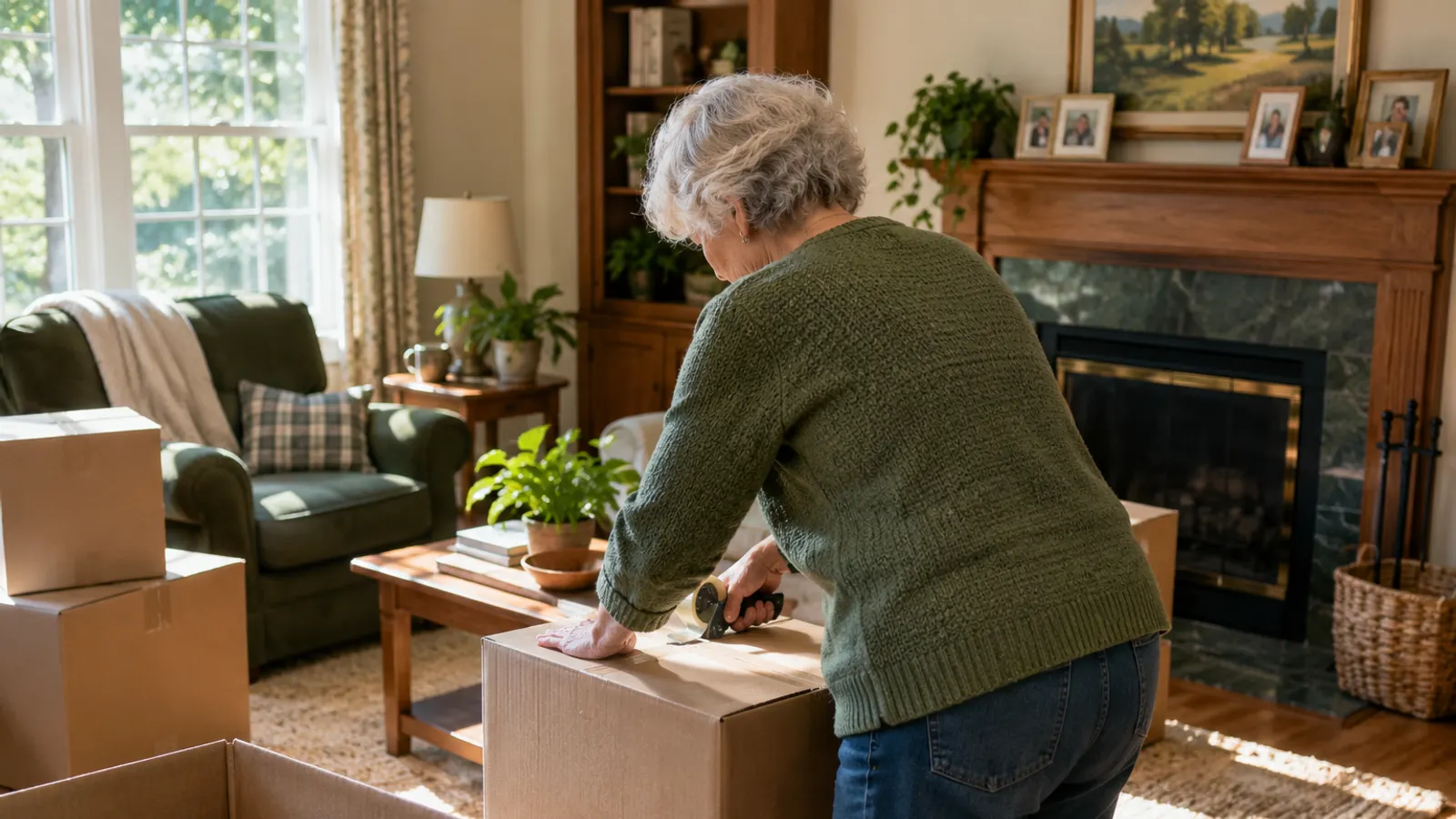 Illustrative scene: an older woman seen from behind taping a moving box in a sunny living room with family photos on the mantel.