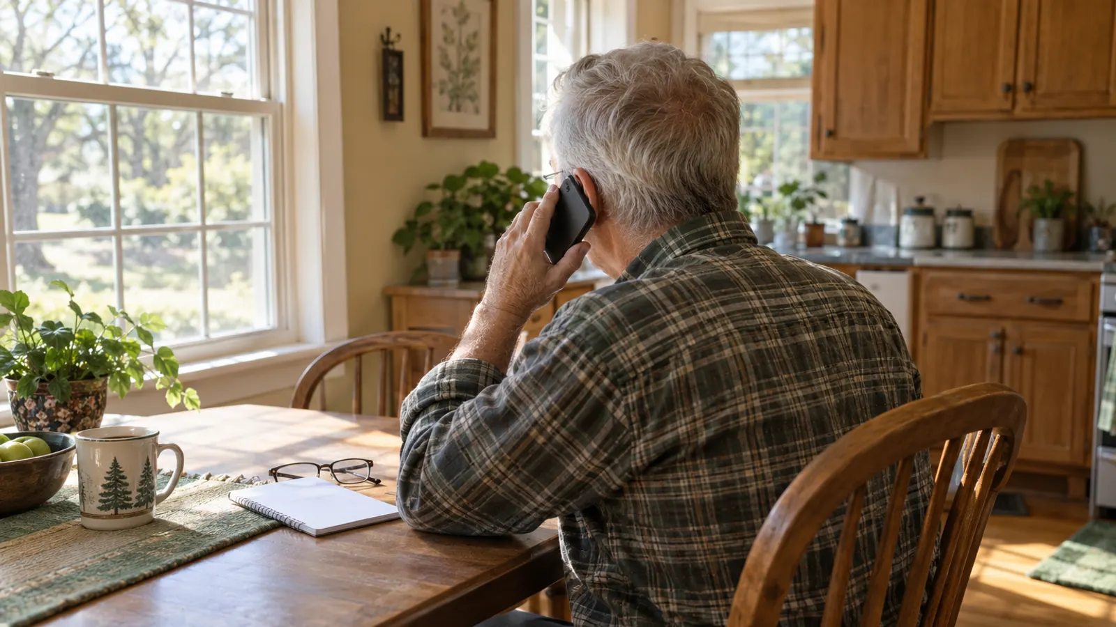 Illustrative scene: an older man seen from behind at a sunny kitchen table, talking on a cell phone with a notepad and reading glasses beside him.