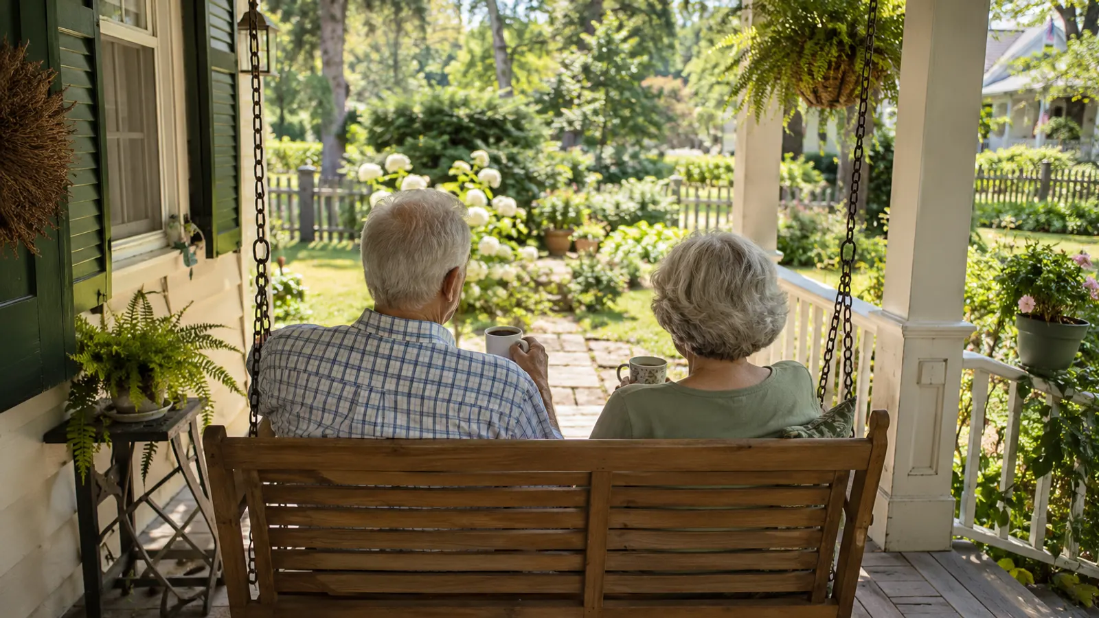 Illustrative scene: an older couple seen from behind on the front porch swing of a painted bungalow with coffee mugs.