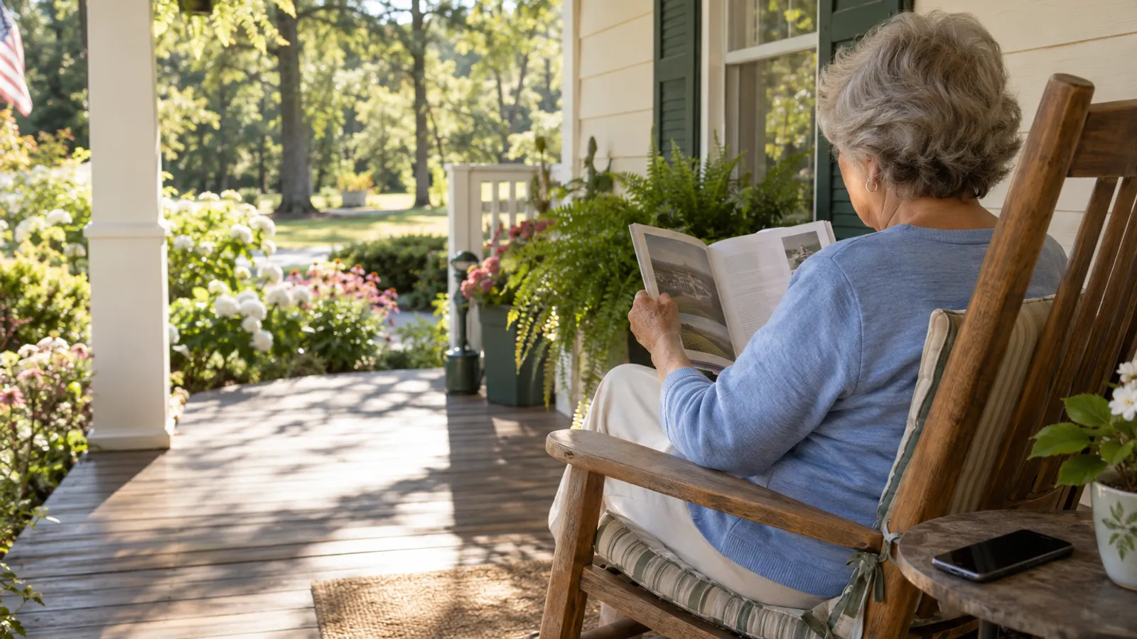 Illustrative scene: an older woman seen from behind in a rocking chair on a modest porch reading a printed booklet, a phone on the table beside her.