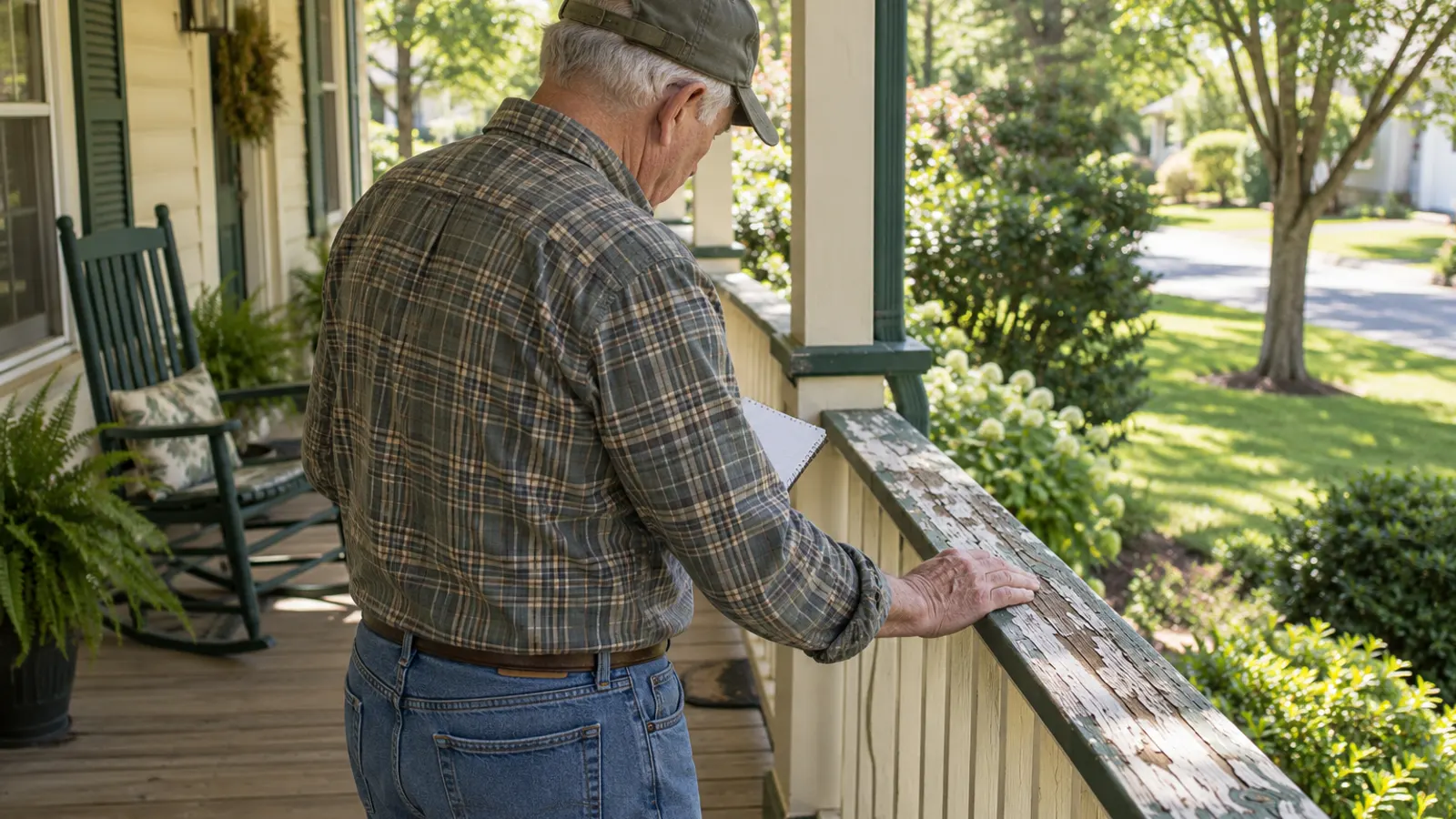 Illustrative scene: an older man seen from behind on his porch, looking at a weathered railing and peeling paint while holding a small notepad.
