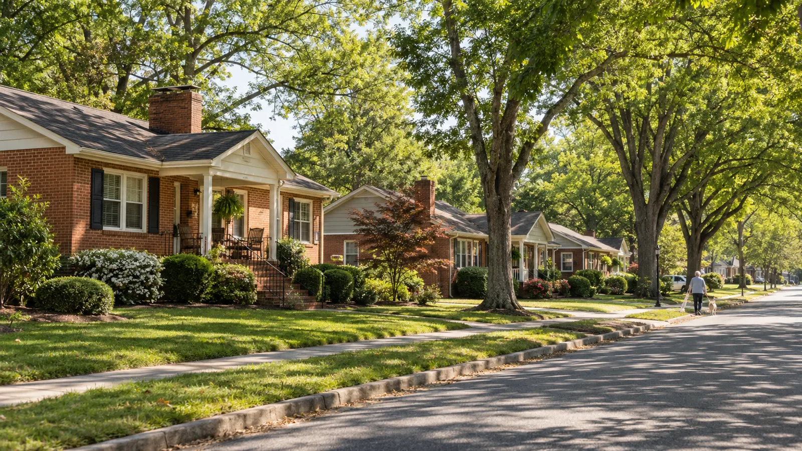 Illustrative scene: a sunny tree-lined street of modest, well-kept brick ranch and bungalow homes with sidewalks.