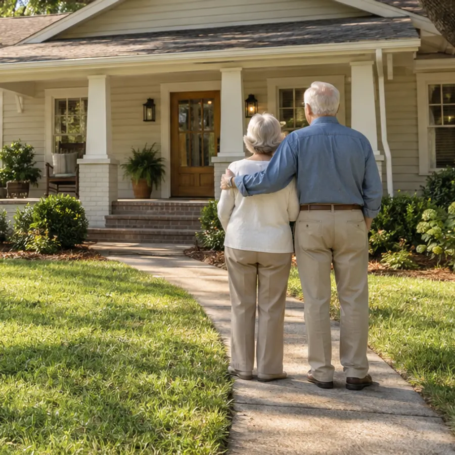 Illustrative scene: an older couple seen from behind on the front walk of a modest painted bungalow with a deep porch, under mature oak trees in morning sun.