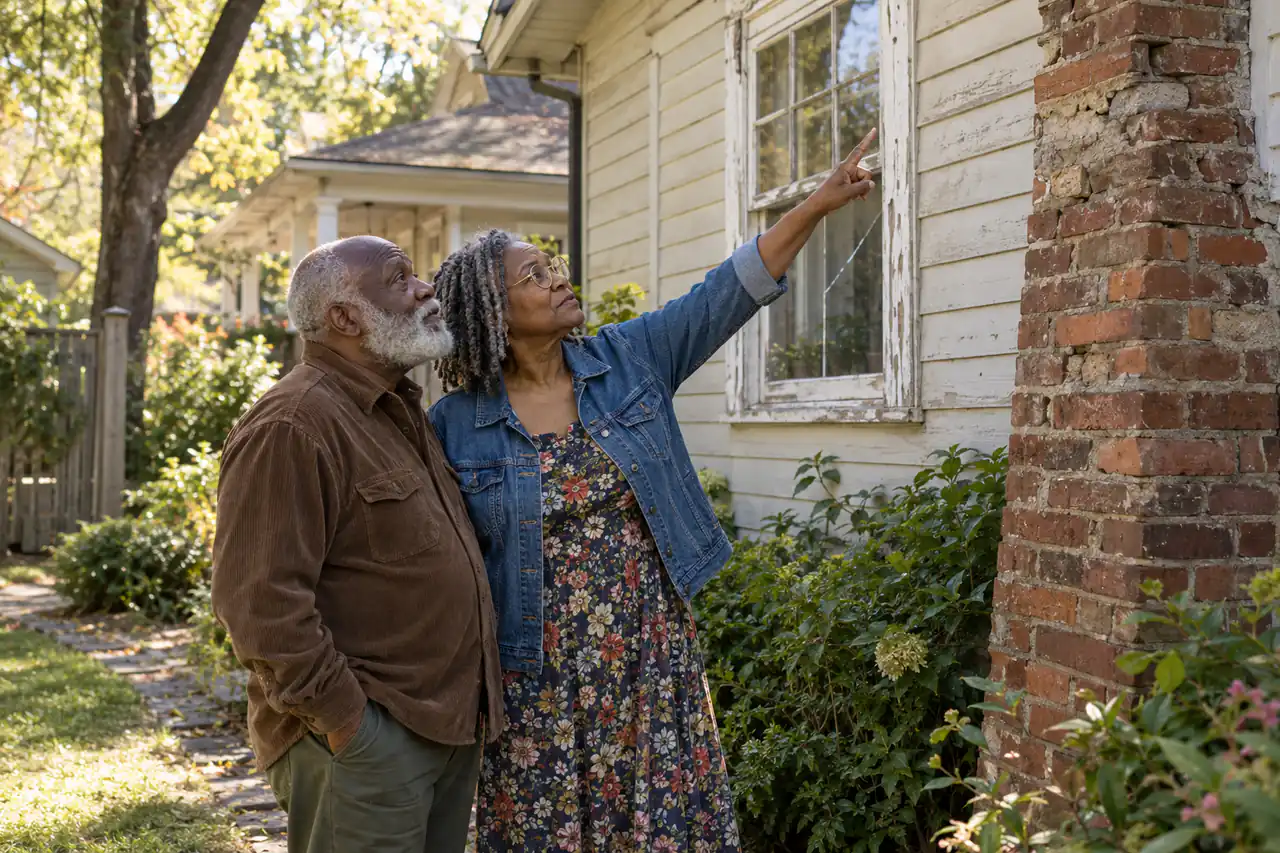 Illustrative scene: a Black couple in their seventies looking up at the peeling window sashes and the crumbling brick chimney of their 1920s bungalow in Athens