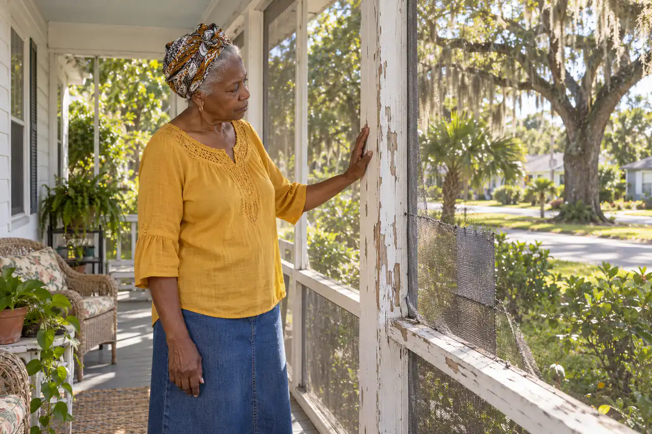 Illustrative scene: a Black woman in her seventies looking at the peeling paint and patched screens of the old front porch of her 1950s cottage in Bradenton