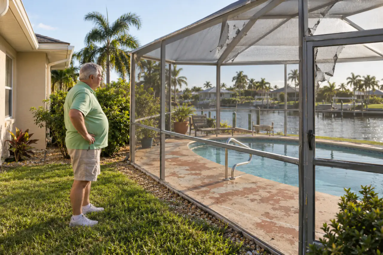 Illustrative scene: a white man in his seventies looking at the torn screens of the old pool enclosure behind his 1970s stucco home on a Cape Coral canal