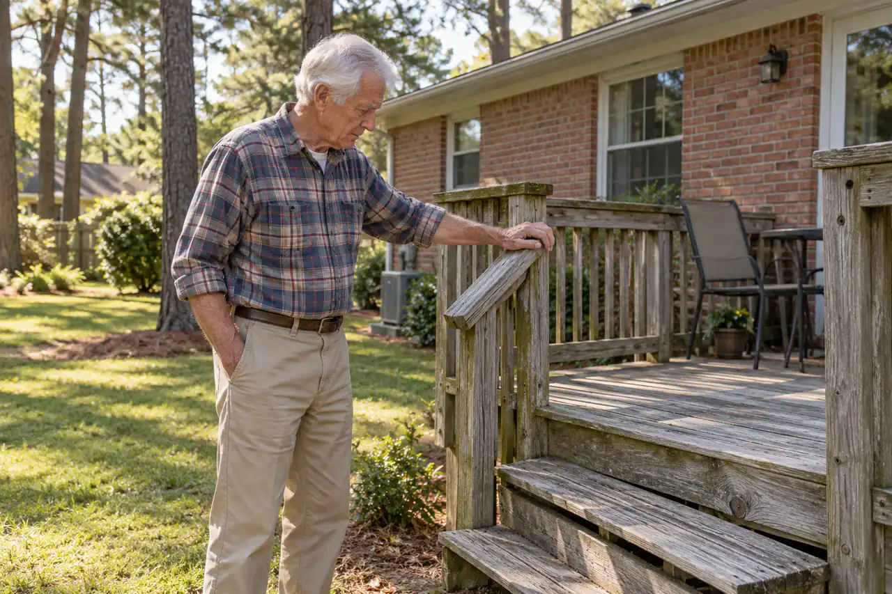 Illustrative scene: a white man in his seventies with his hand on the weathered, loose rail of the old back deck of his 1960s brick ranch in Chesapeake