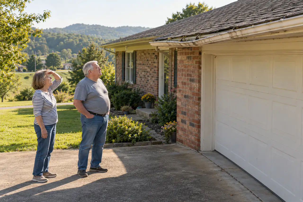 Illustrative scene: a white couple in their late sixties looking up at the old roof shingles and sagging gutter over the garage of their 1970s brick ranch in Clarksville
