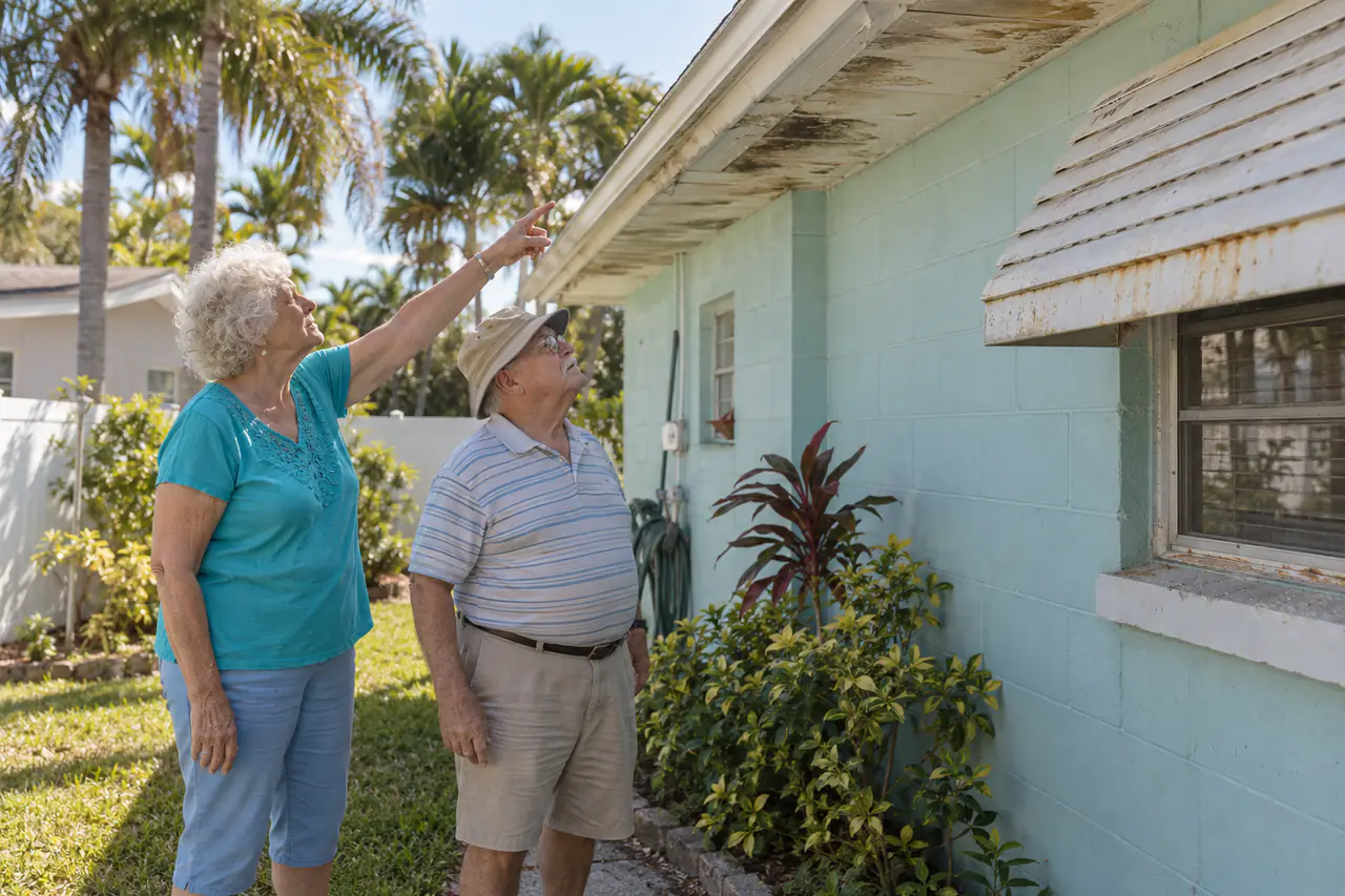 Illustrative scene: a white couple in their seventies looking up at the water-stained soffit and rusty aluminum awning on the side of their 1960s block ranch in Clearwater