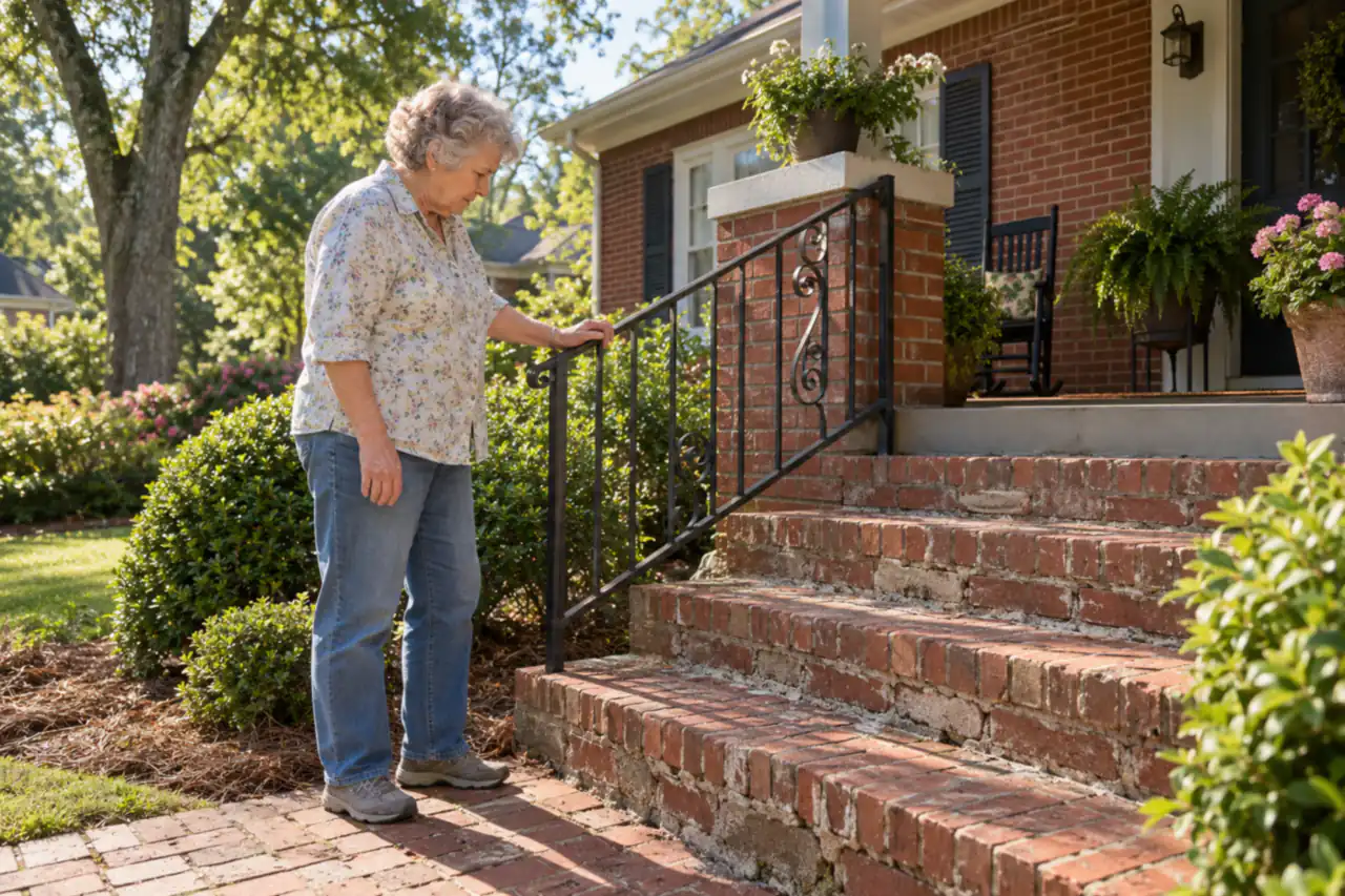 Illustrative scene: a white woman in her seventies looking down at the worn brick porch steps and crumbling mortar of her 1920s brick house in Columbus, Georgia