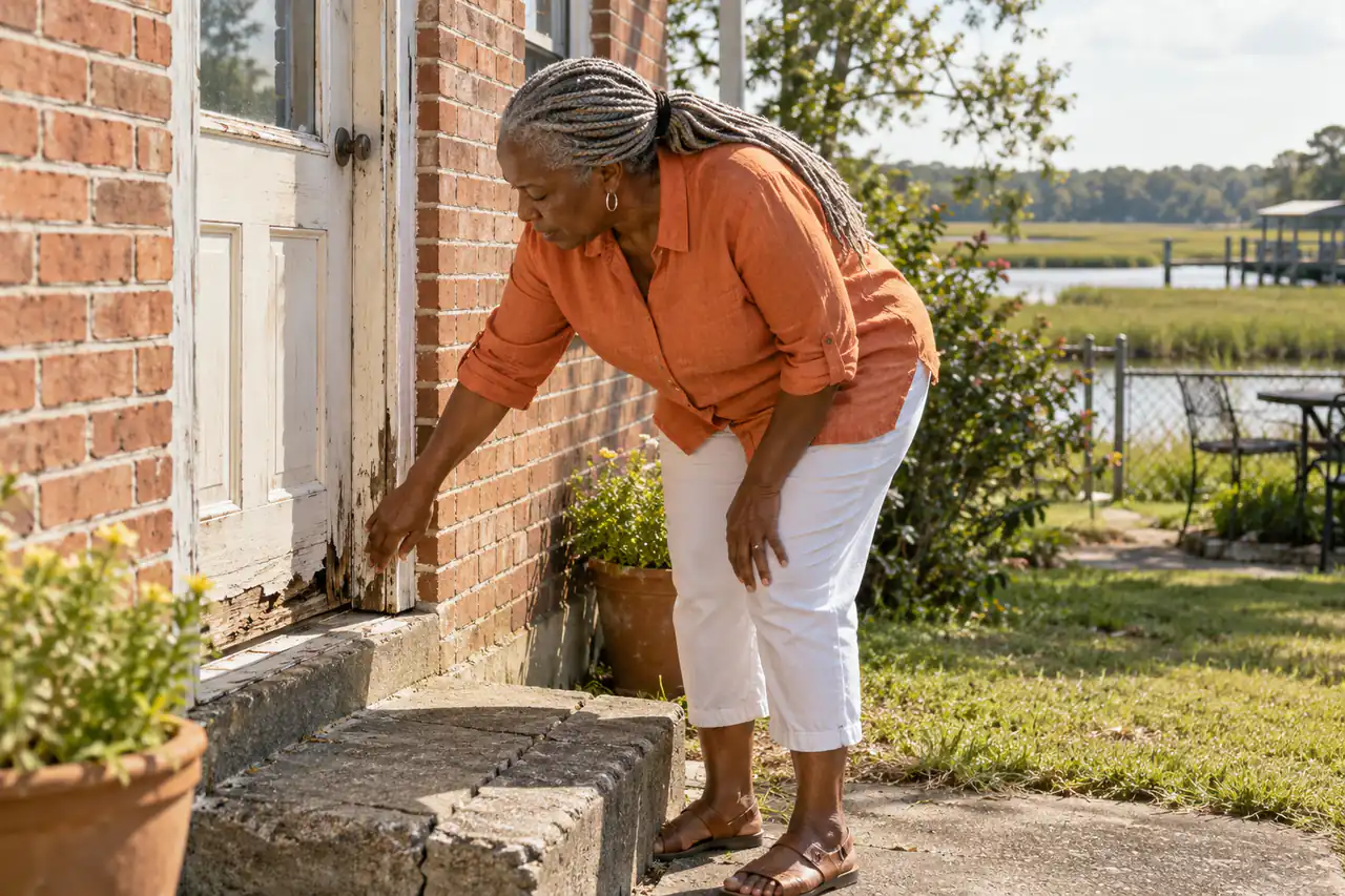 Illustrative scene: a Black woman in her late sixties bending to look at the rotting bottom of the back door frame and the cracked step of her 1950s brick house in Hampton