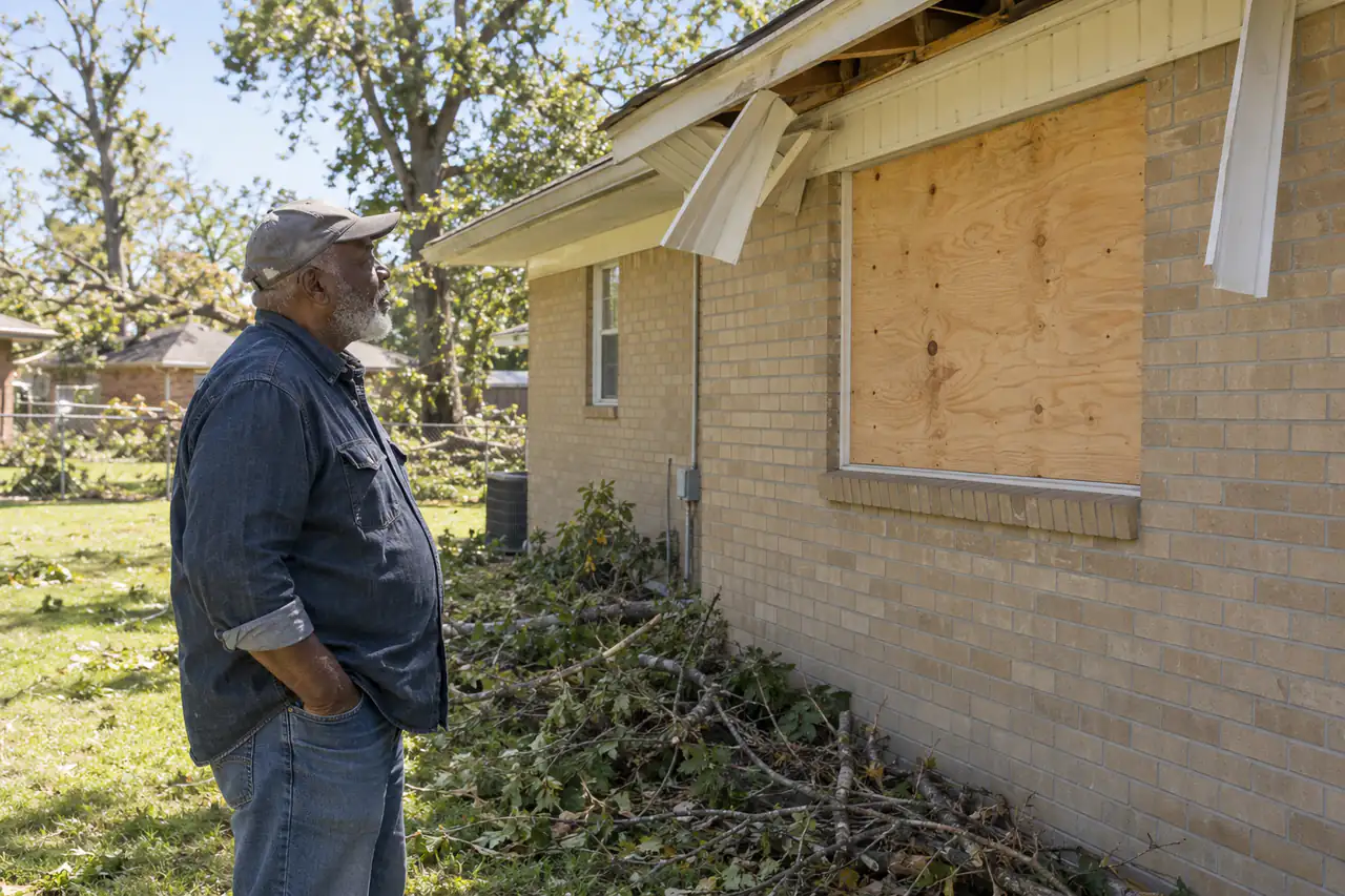 Illustrative scene: a Black man in his seventies in a work cap looking at a storm-damaged side window covered with plywood and loose soffit on his tan-brick ranch in Jackson