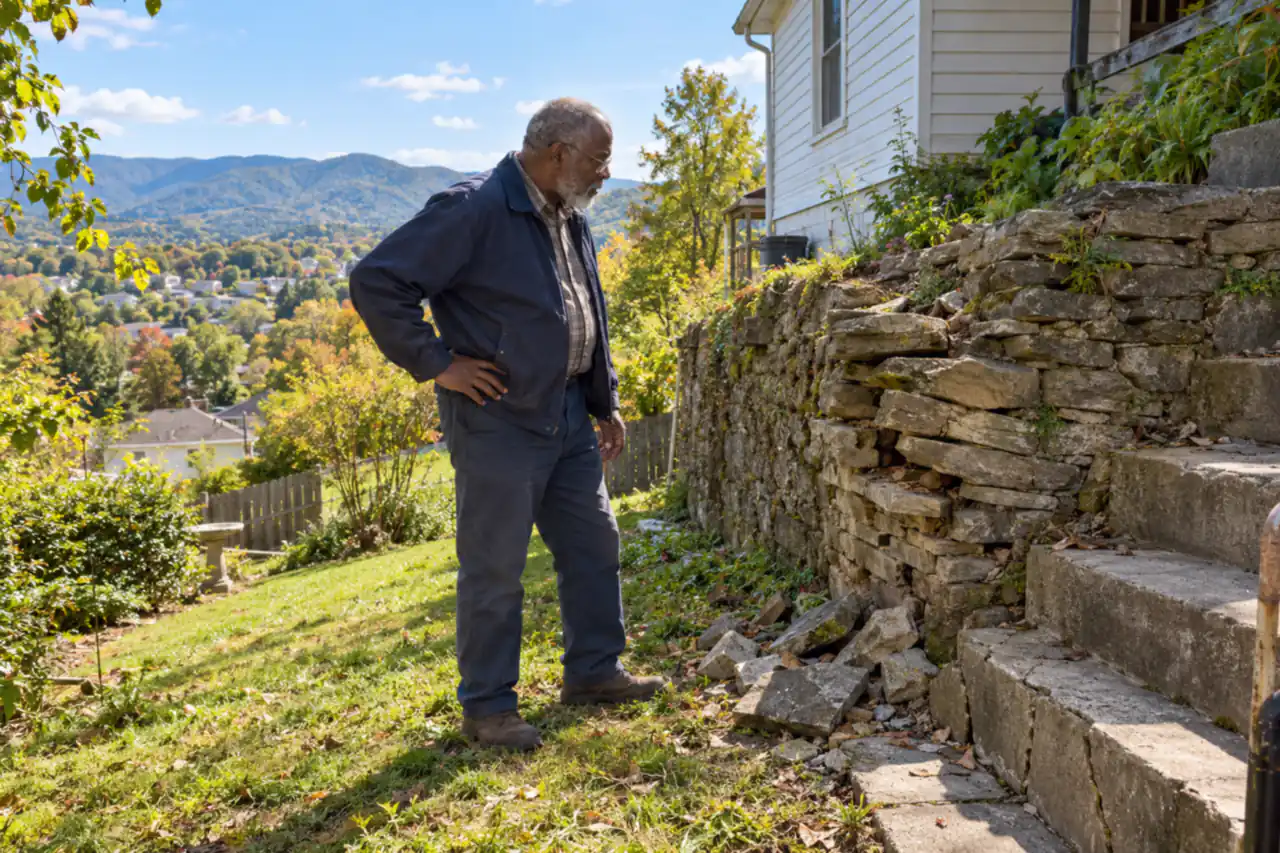 Illustrative scene: a Black man in his late sixties looking at the bulging old stone retaining wall and cracked steps in the hillside backyard of his Johnson City house