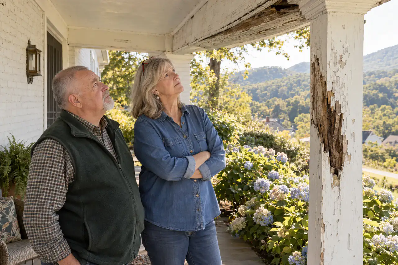 Illustrative scene: a white couple in their seventies looking up at a rotted porch column and sagging beam on the front porch of their 1940s brick cottage in Kingsport