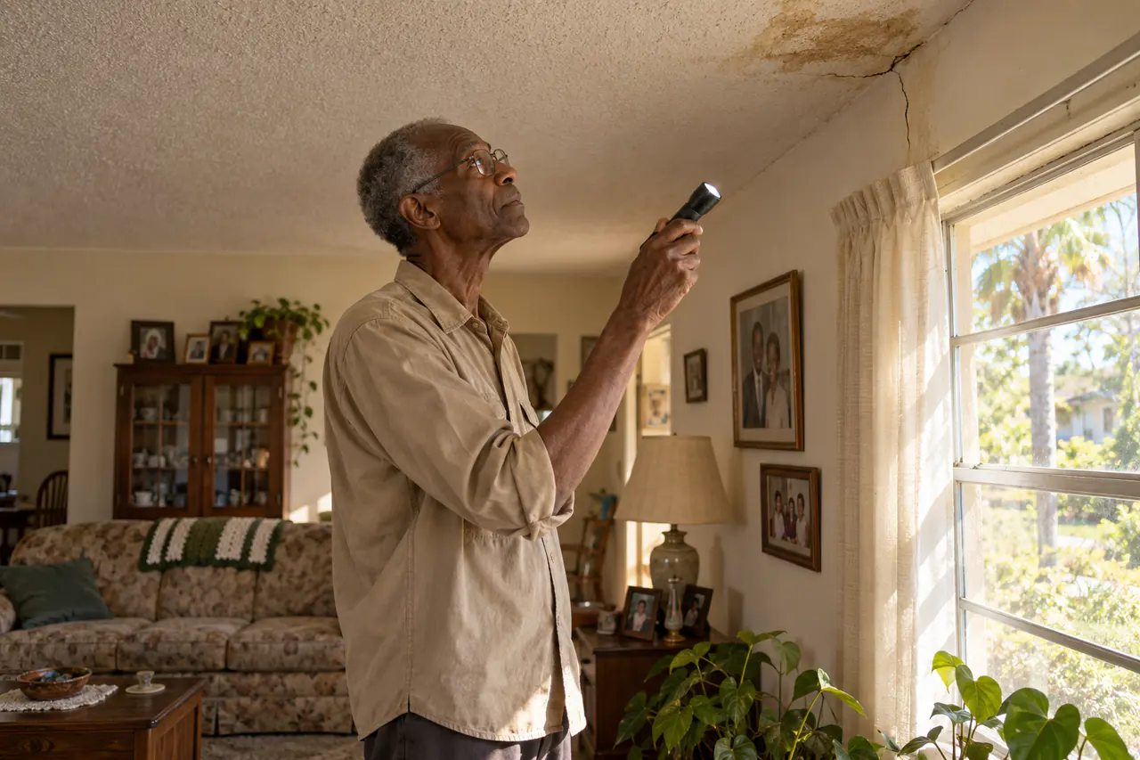 Illustrative scene: a tall Black man in his seventies shining a flashlight at a water stain and a crack in the living room ceiling of his 1960s concrete-block house in Kissimmee