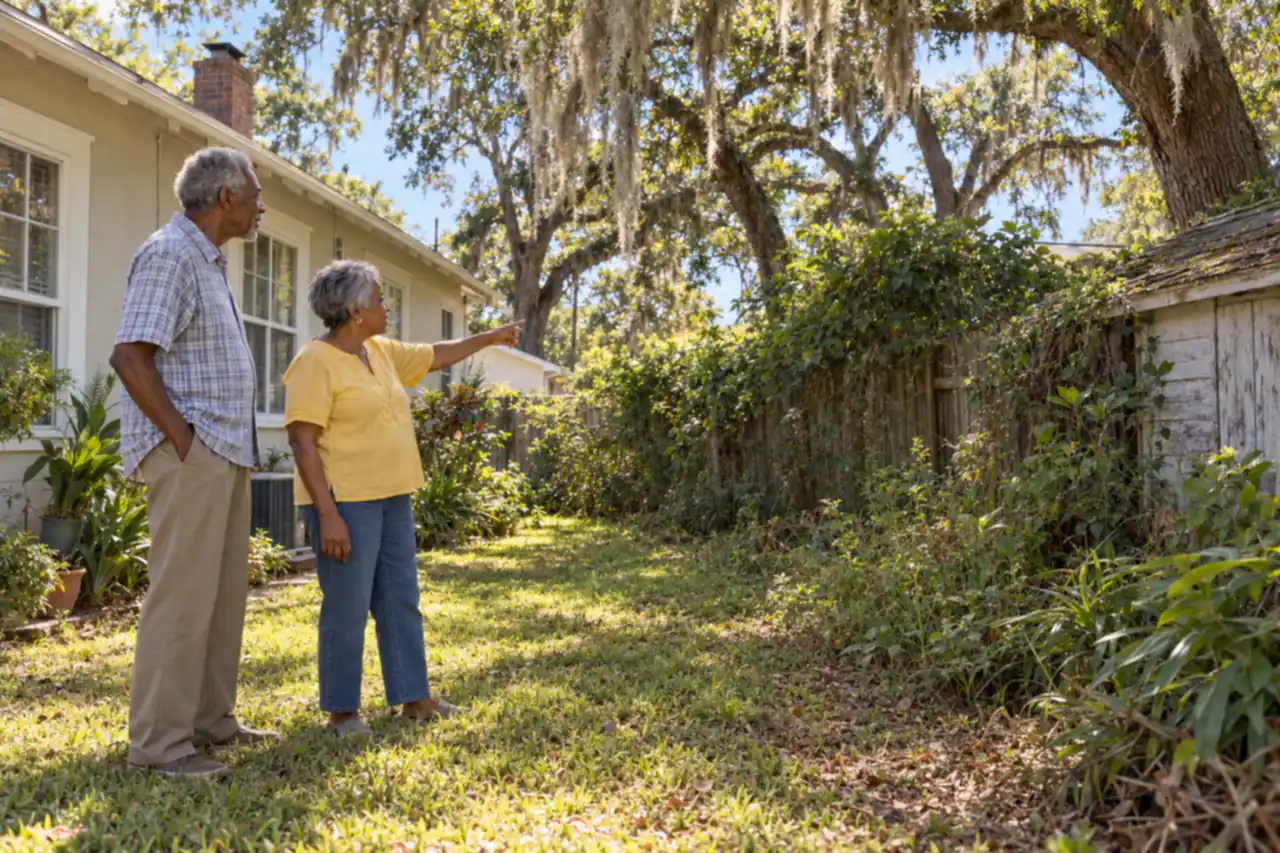 Illustrative scene: a Black couple in their late sixties looking over the overgrown back corner, old fence and weathered shed beside their 1930s bungalow in Lakeland