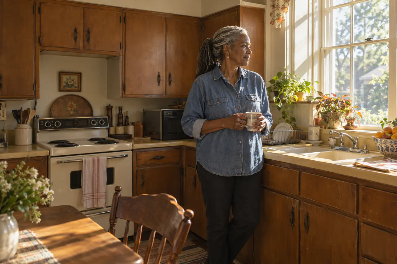 Illustrative scene: a Black woman in her late sixties with a cup of coffee in her dated 1970s kitchen, older wood cabinets and range, in her Macon cottage