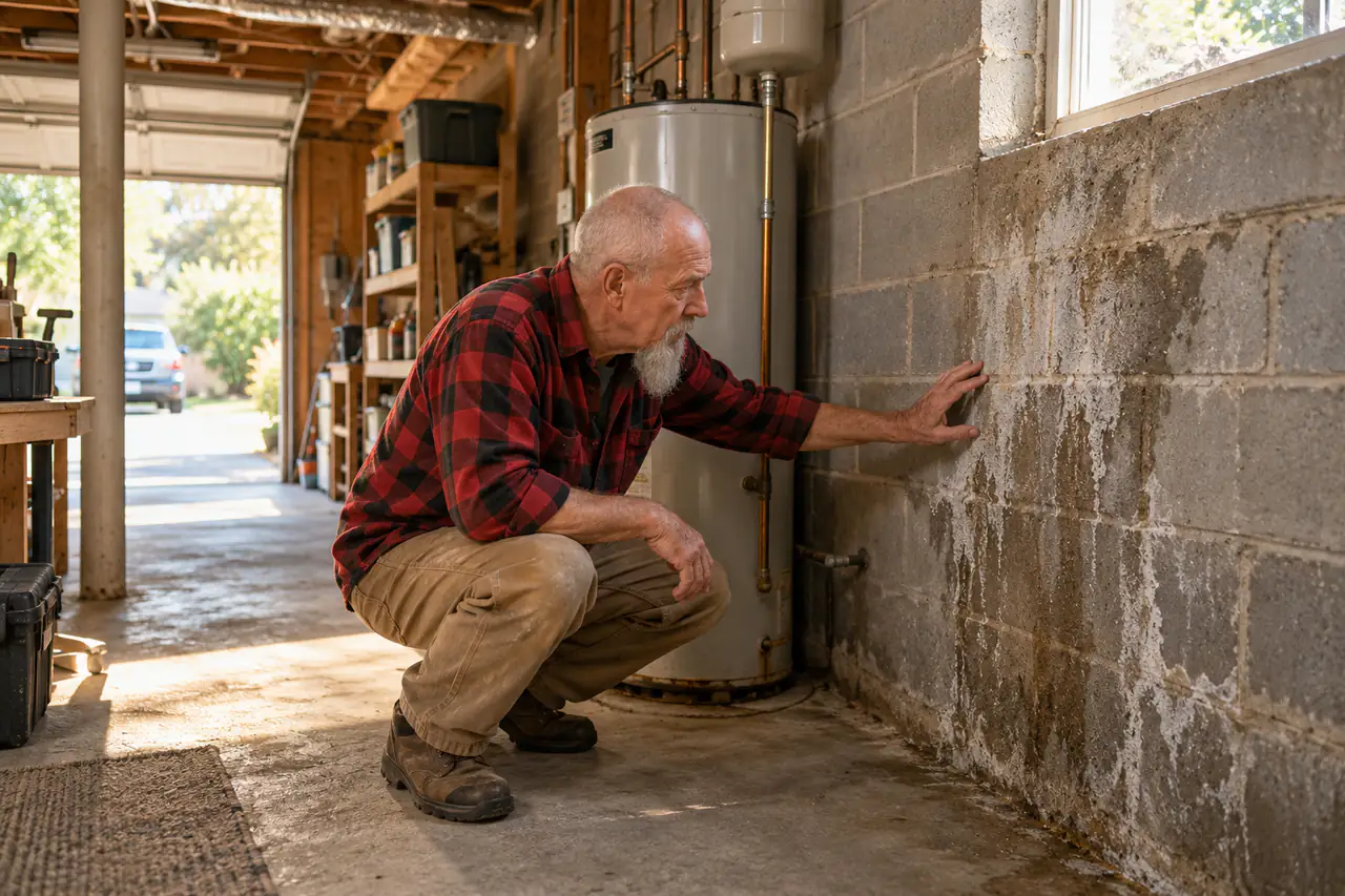 Illustrative scene: a white man in his seventies crouching to look at a damp, stained block wall beside the old water heater in the basement of his 1960s split-level in Marietta