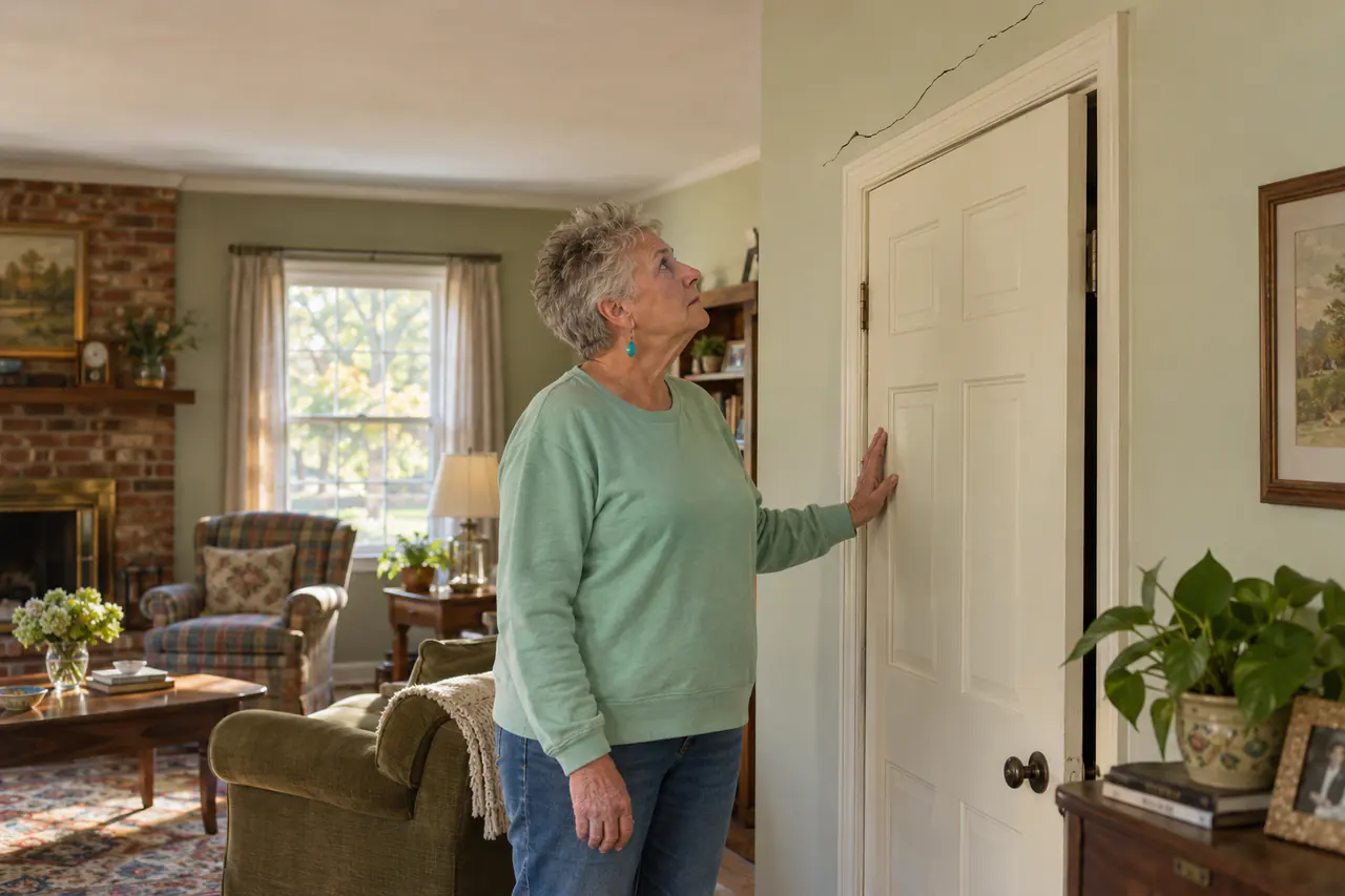 Illustrative scene: a white woman in her seventies looking up at a long crack in the wall above a doorway in the den of her 1960s brick ranch in Murfreesboro