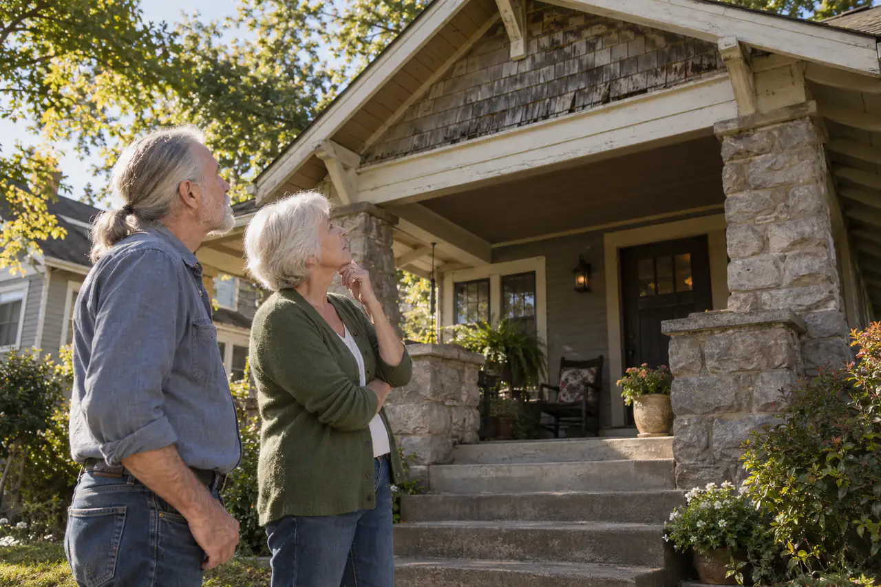 Illustrative scene: a white couple in their seventies looking up at the weathered gable shingles over the porch of their 1920s Craftsman bungalow in East Nashville