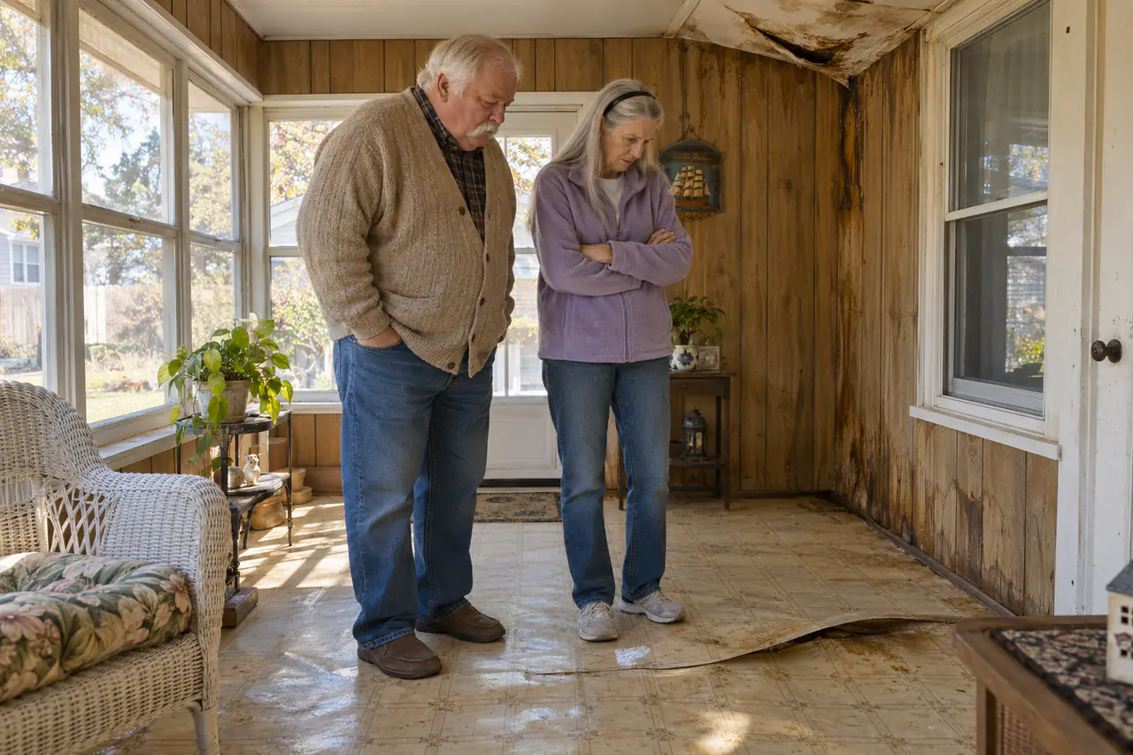 Illustrative scene: a white couple in their seventies looking down at the buckled floor and water-stained paneling of the closed-in back porch of their 1940s Cape Cod in Newport News