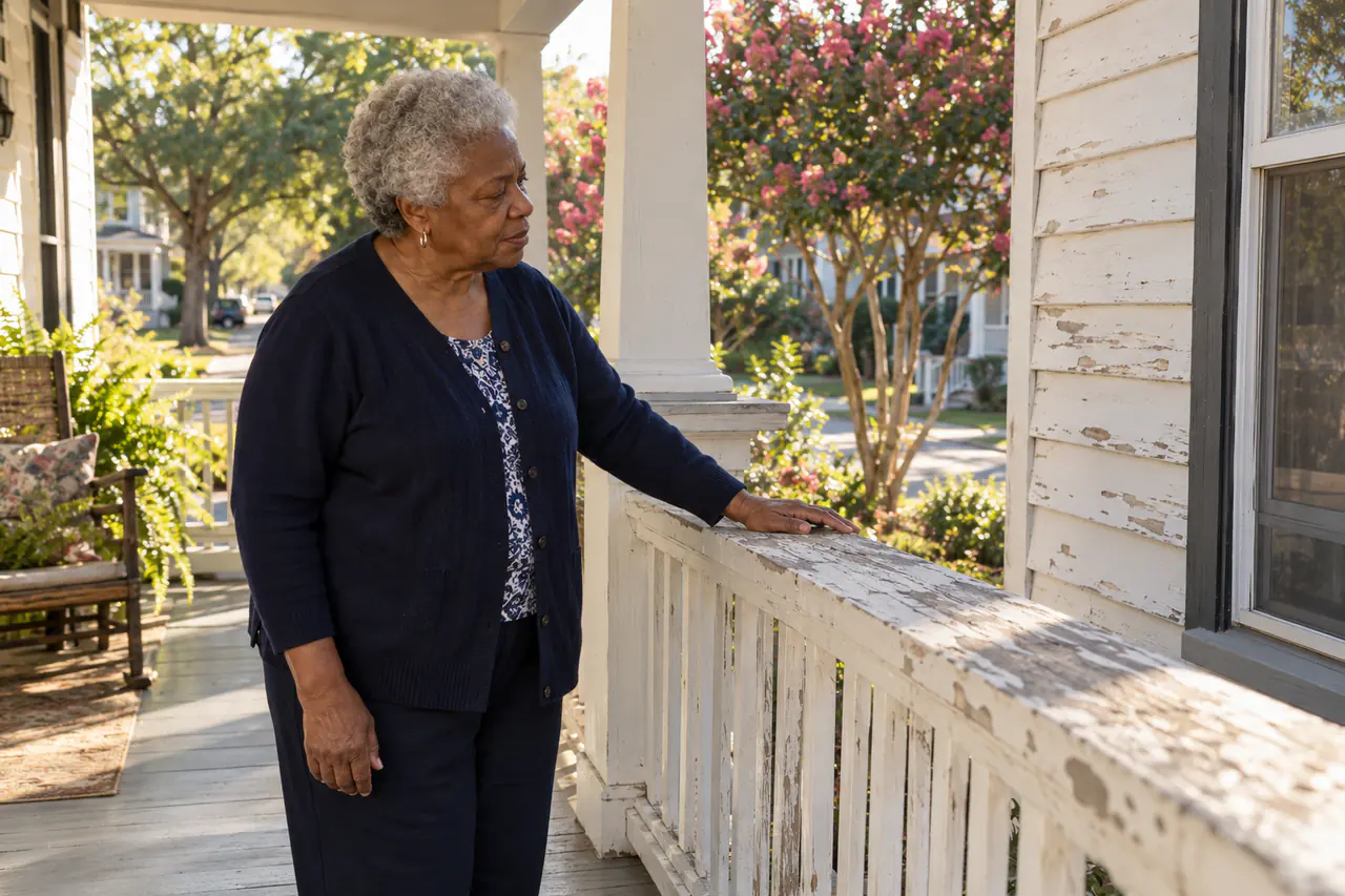 Illustrative scene: a Black woman in her seventies running her hand along the peeling porch rail of her 1920s foursquare house in Norfolk