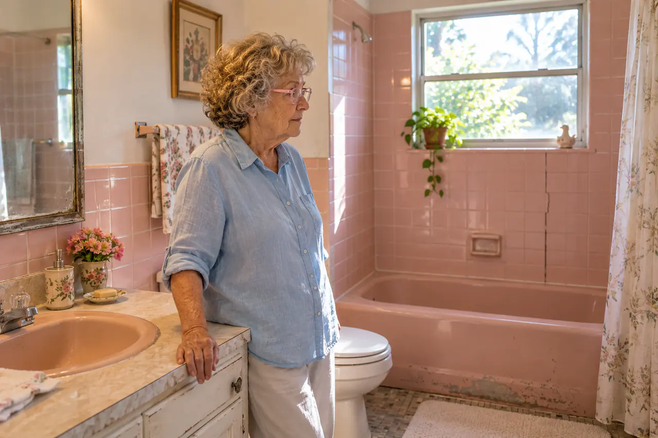Illustrative scene: a white woman in her seventies looking over the dated pink-tiled bathroom, with its worn tub and cracked grout, in her 1970s ranch house in Ocala