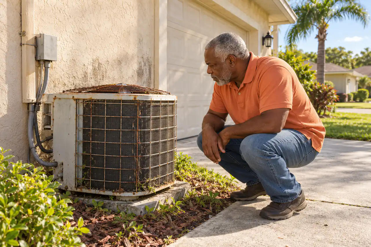 Illustrative scene: a Black man in his late sixties crouching beside the old, rusted air-conditioning unit at the side of his 1980s stucco home in Port St. Lucie