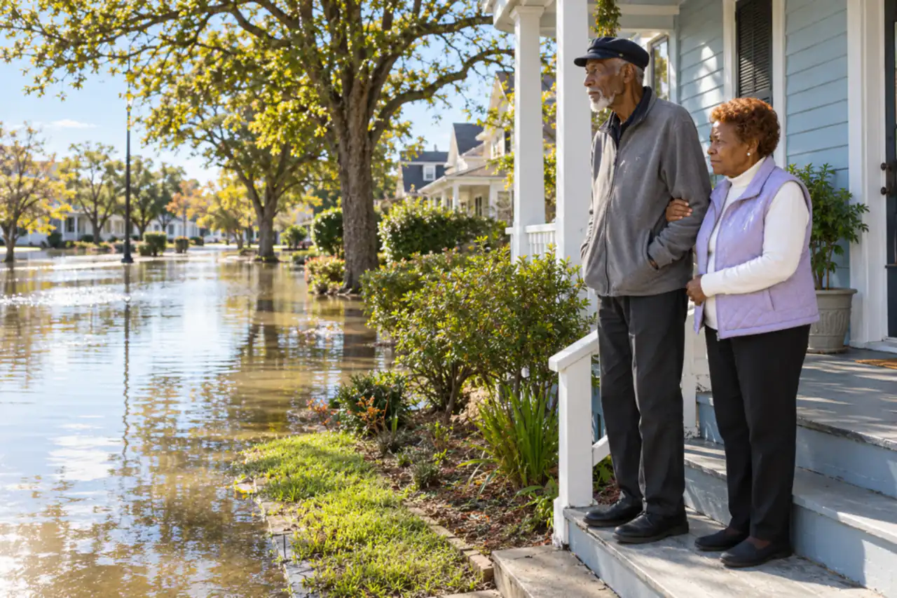 Illustrative scene: a Black couple in their seventies on the bottom porch step of their pale-blue clapboard house in Portsmouth, looking at shallow tidal water covering the street